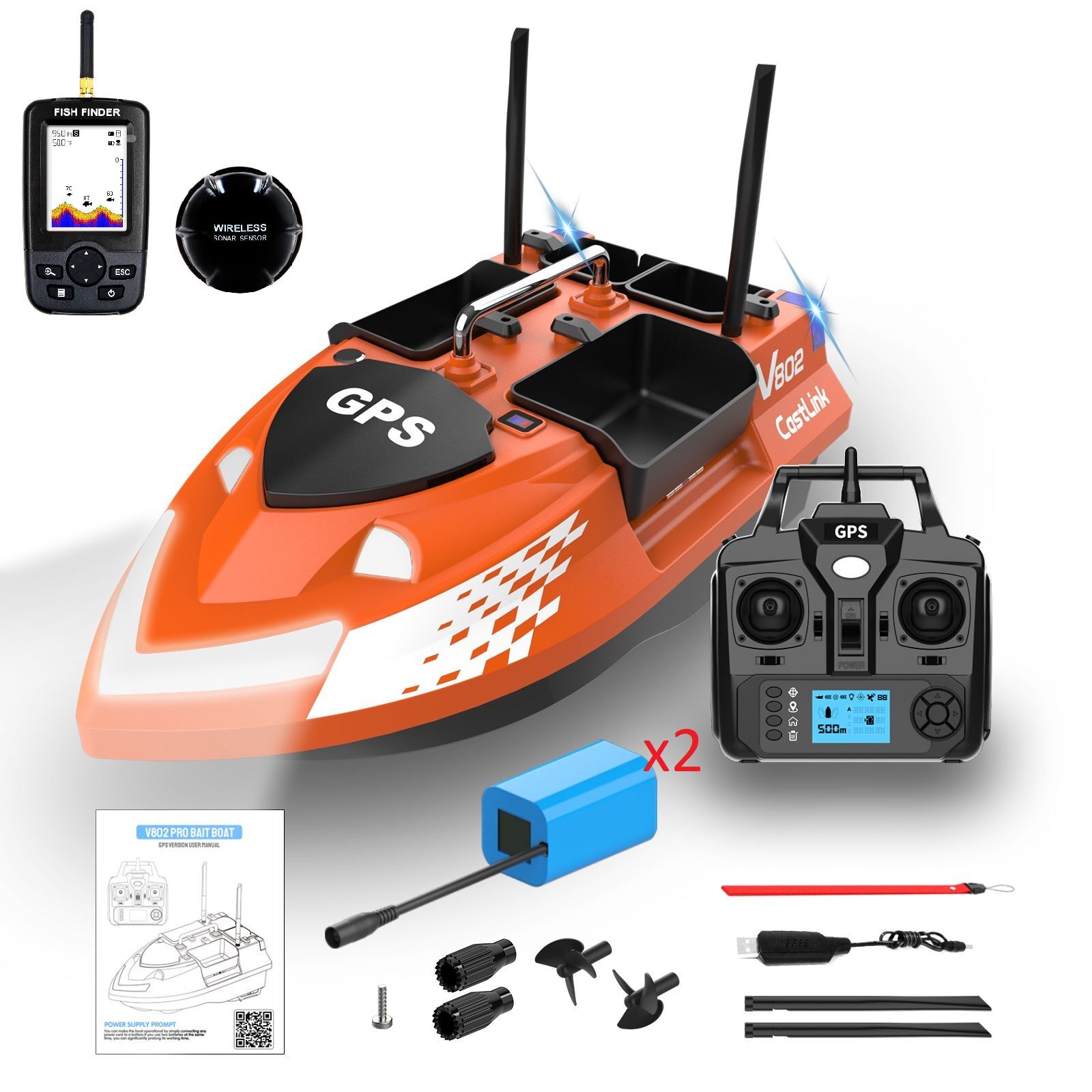 Flytec V802 Pro 500M Menzilli, GPS'li, 160 Konumlu, Oto Eve Dönüş, Yüksek Kapasiteli Batarya, Yüksek Hızlı Balık, Sazan Yemleme Teknesi ve Botu Sonar + Ekstra Bataryalı