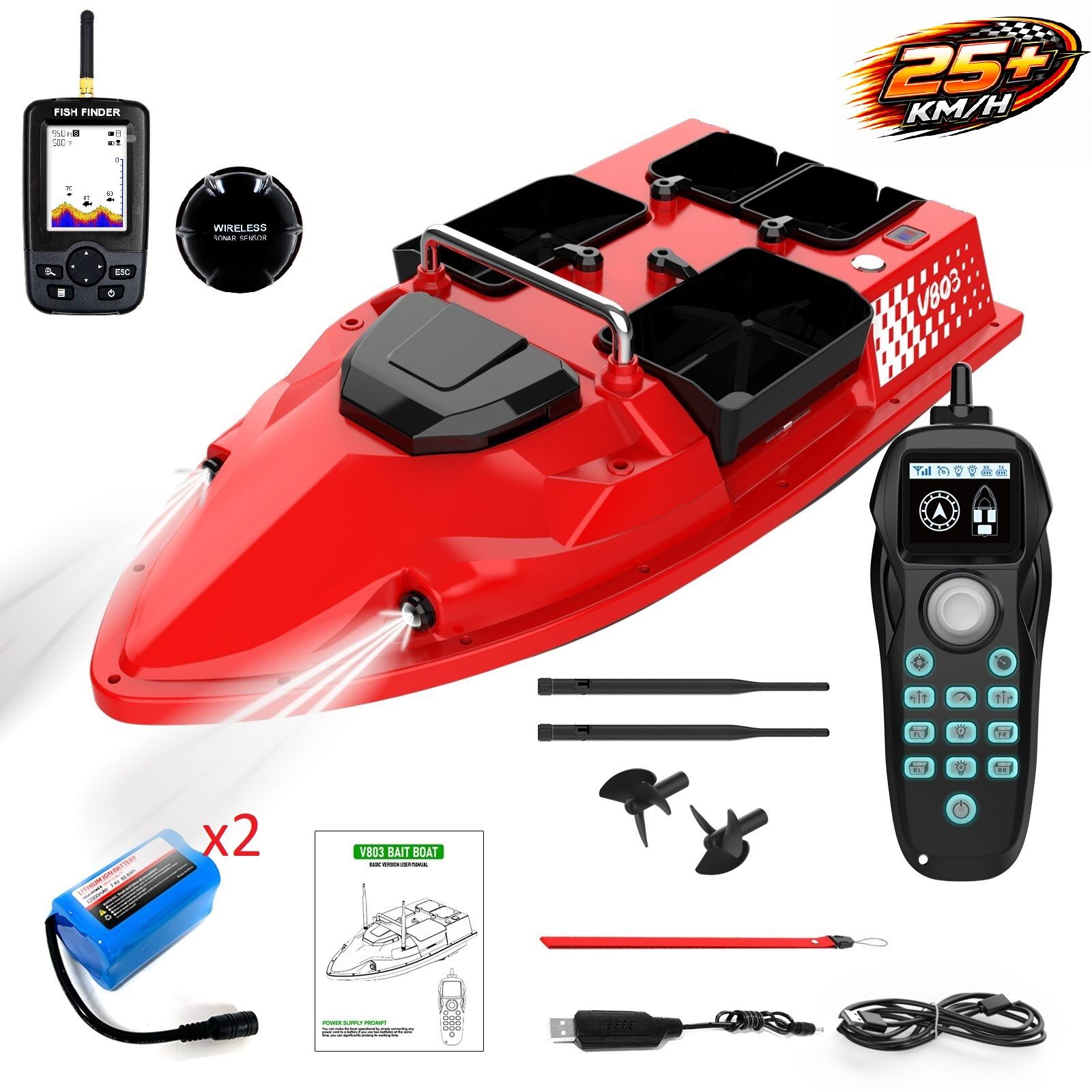 Flytec V803 Basic (KONUMSUZ) 500M Menzilli, Yüksek Kapasiteli Batarya, 25Km/S Hızlı Balık, Sazan Yemleme Teknesi ve Botu Sonar + Ekstra Bataryalı