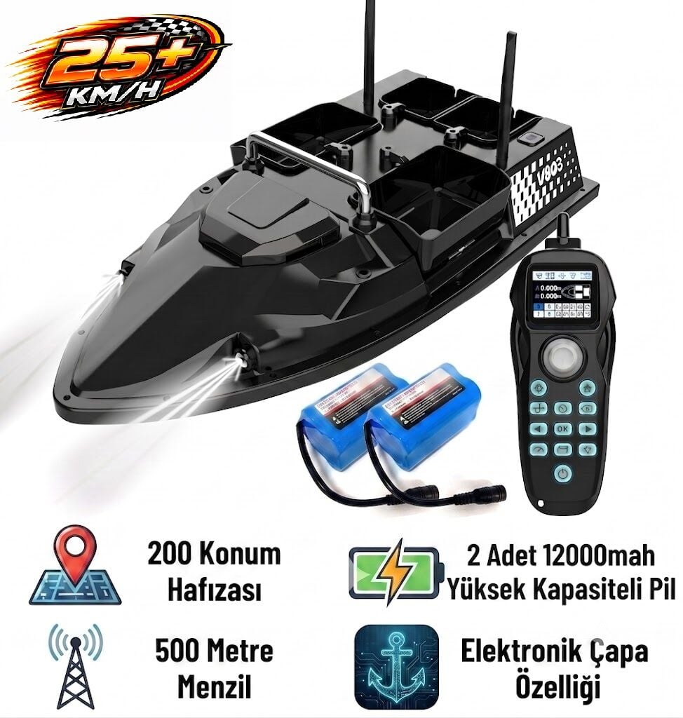 SAZAN YEMLEME BOTU Flytec V803 Pro 500M Menzilli, GPS'li, 200 Konumlu, Oto Eve Dönüş, Yüksek Kapasiteli Batarya, 25Km/S Hızlı Balık, Sazan Yemleme Teknesi ve Botu +Ekstra Bataryalı