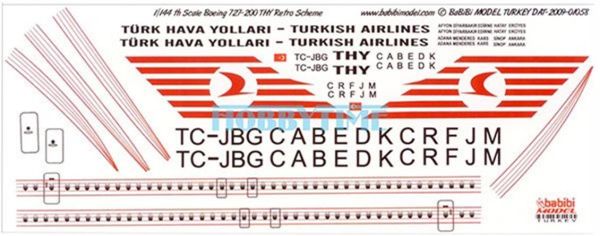 Babibi DAT01058 1/144 Ölçek, Thy, Boeing 727-200, Retro, Dekal Çıkartma