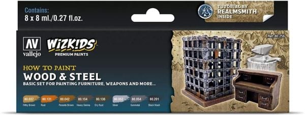 Vallejo 80256 8x8 ml. Premium set, Wood & Steel, Wizkits Serisi Model Boyası Seti