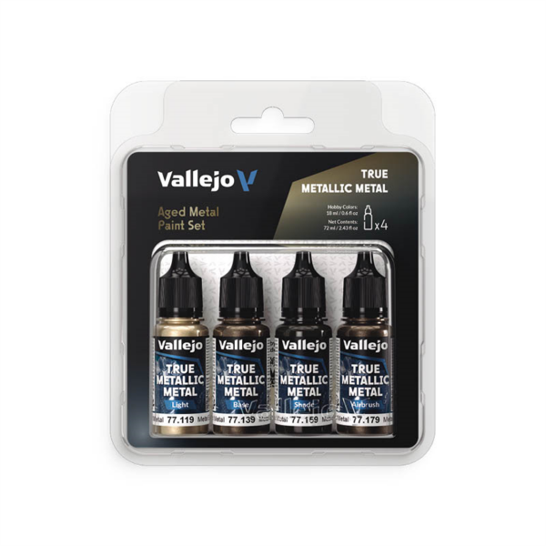Vallejo 77258 4x18 ml. Aged Metal, True Metallic Metal (TMM) Serisi Model Boyası Seti