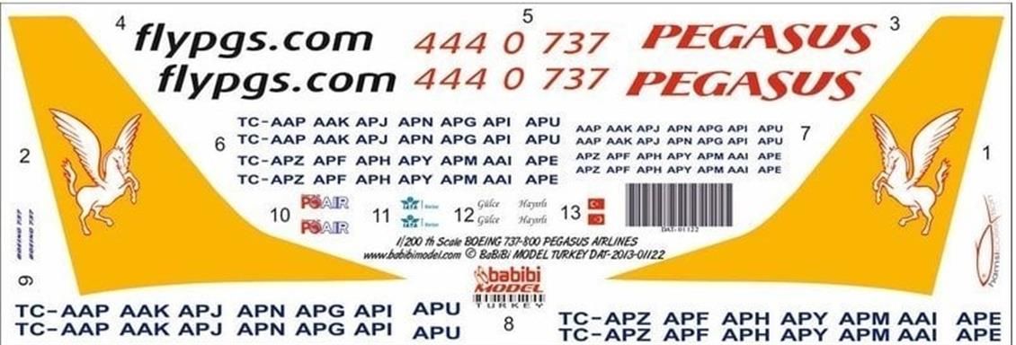 Babibi DAT01122 1/200 Ölçek, Pegasus, Boeing 737-800, Dekal Çıkartma