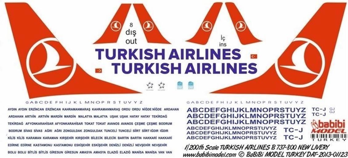 Babibi DAT01123 1/200 Ölçek, Thy, Boeing 737-800, Yeni Şema, Dekal Çıkartma