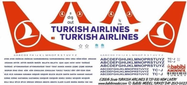 Babibi DAT01123 1/200 Ölçek, Thy, Boeing 737-800, Yeni Şema, Dekal Çıkartma