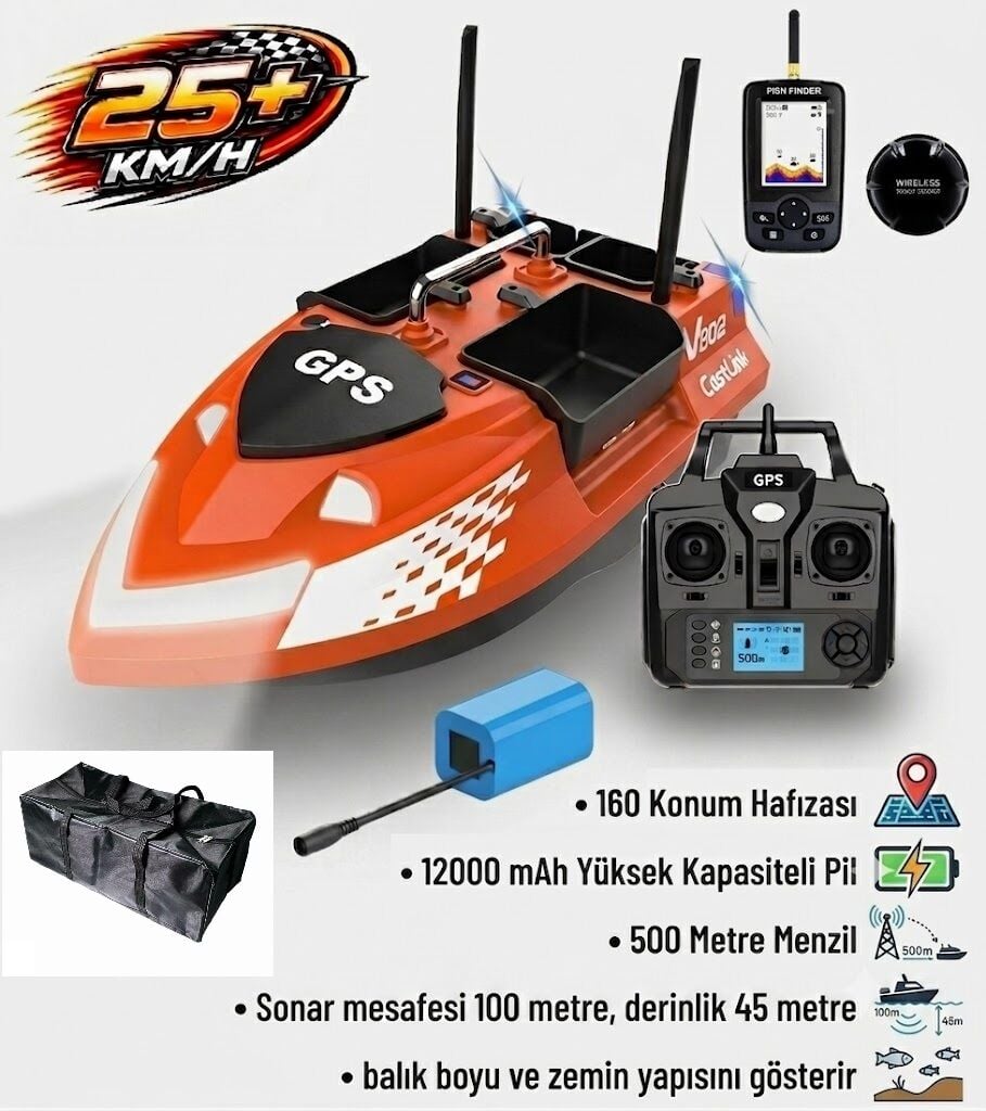 Flytec V802 Pro 500M Menzilli, GPS'li, 160 Konumlu, Oto Eve Dönüş, Yüksek Kapasiteli Batarya, Yüksek Hızlı (25Km/S Hız) Balık, Sazan Yemleme Teknesi ve Botu + Çantalı Sonarlı