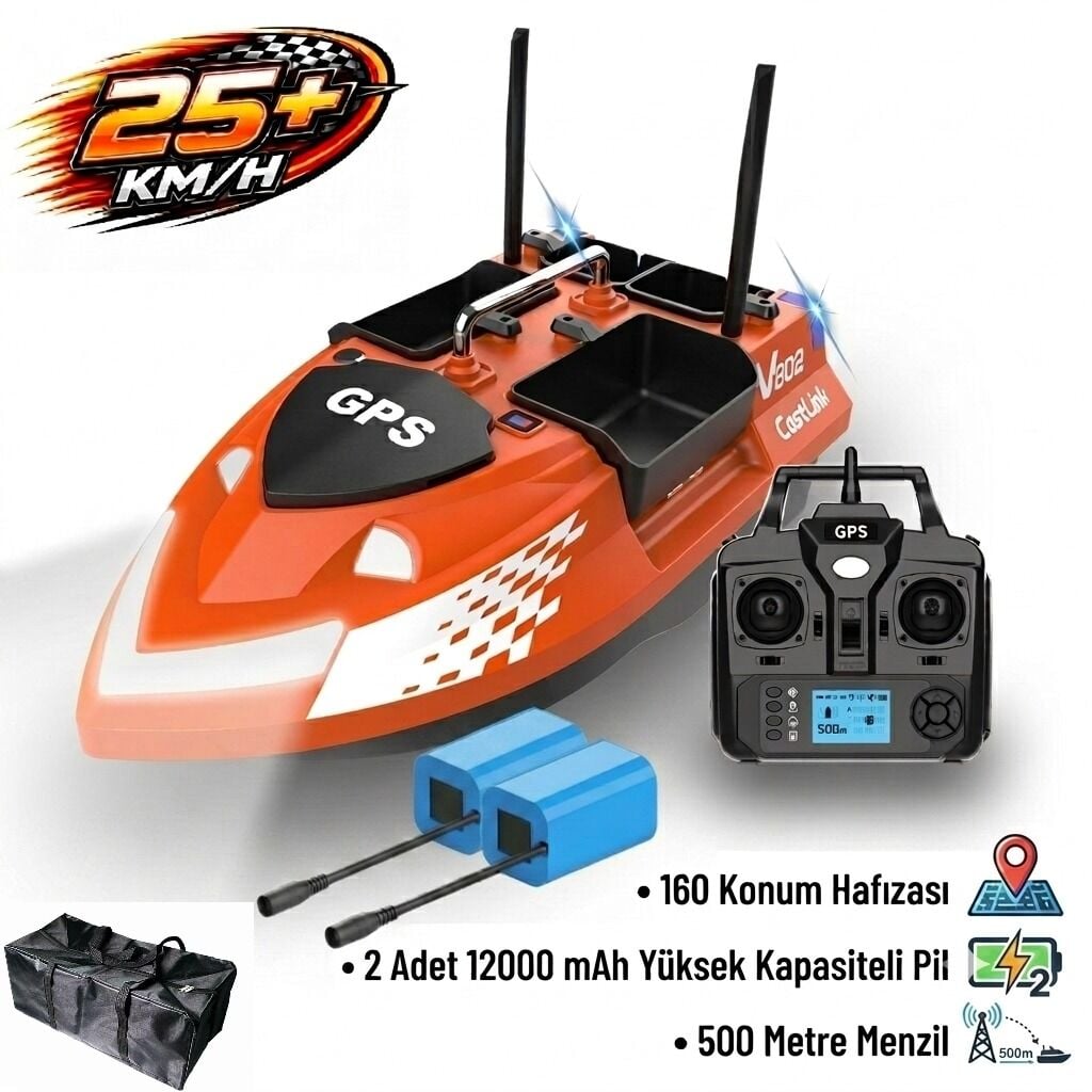 Flytec V802 Pro 500M Menzilli, GPS'li, 160 Konumlu, Oto Eve Dönüş, Yüksek Kapasiteli Batarya, Yüksek Hızlı (25Km/S Hız) Balık, Sazan Yemleme Teknesi ve Botu + Çantalı +Ekstra Bataryalı