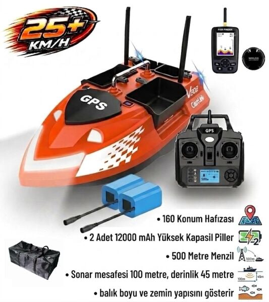 Flytec V802 Pro 500M Menzilli, GPS'li, 160 Konumlu, Oto Eve Dönüş, Yüksek Kapasiteli Batarya, Yüksek Hızlı (25Km/S Hız) Balık, Sazan Yemleme Teknesi ve Botu + Çantalı Sonar + Ekstra Bataryalı