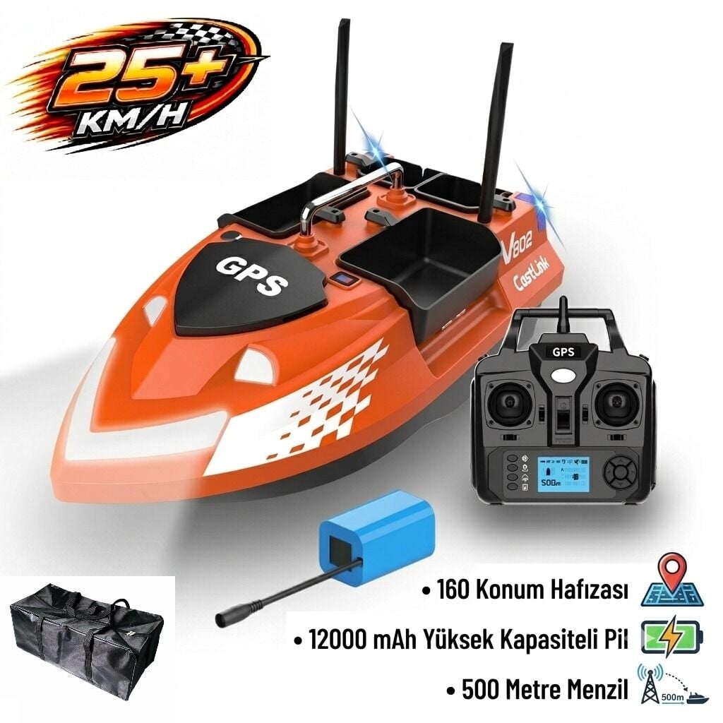 Flytec V802 Pro 500M Menzilli, GPS'li, 160 Konumlu, Oto Eve Dönüş, Yüksek Kapasiteli Batarya, Yüksek Hızlı (25Km/S Hız) Balık, Sazan Yemleme Teknesi ve Botu + Çantalı Normal Paket