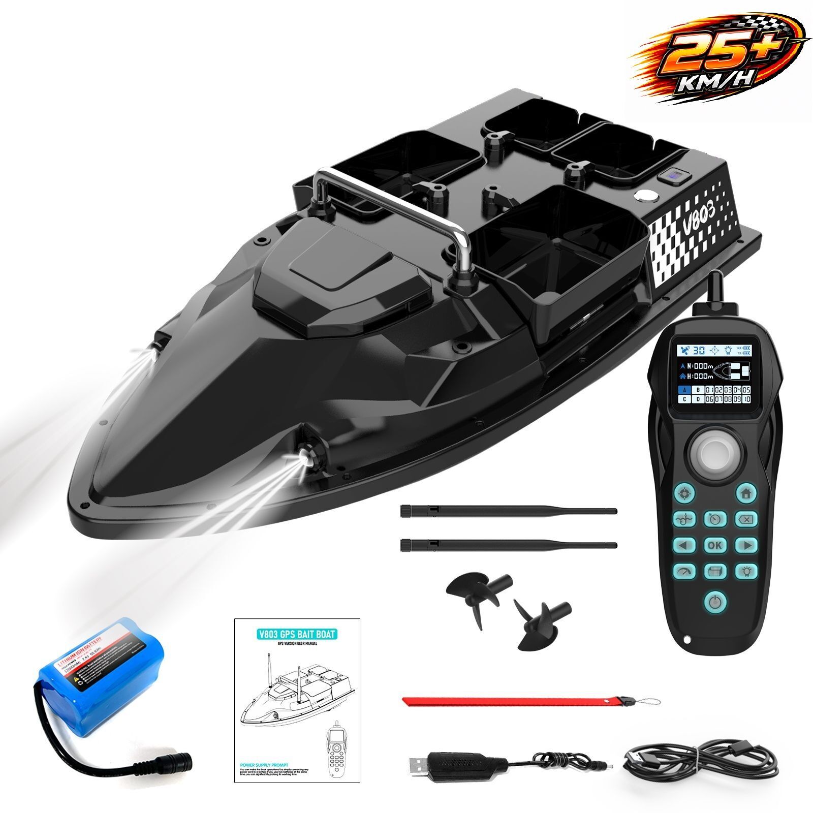 Flytec V803 Pro 500M Menzilli, GPS'li, 200 Konumlu, Oto Eve Dönüş, Yüksek Kapasiteli Batarya, 25Km/S Hızlı Balık, Sazan Yemleme Teknesi ve Botu + Çantalı