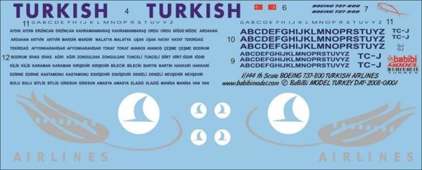 Babibi DAT01001 1/144 Ölçek, Thy, Boeing 737-800, Dekal Çıkartma