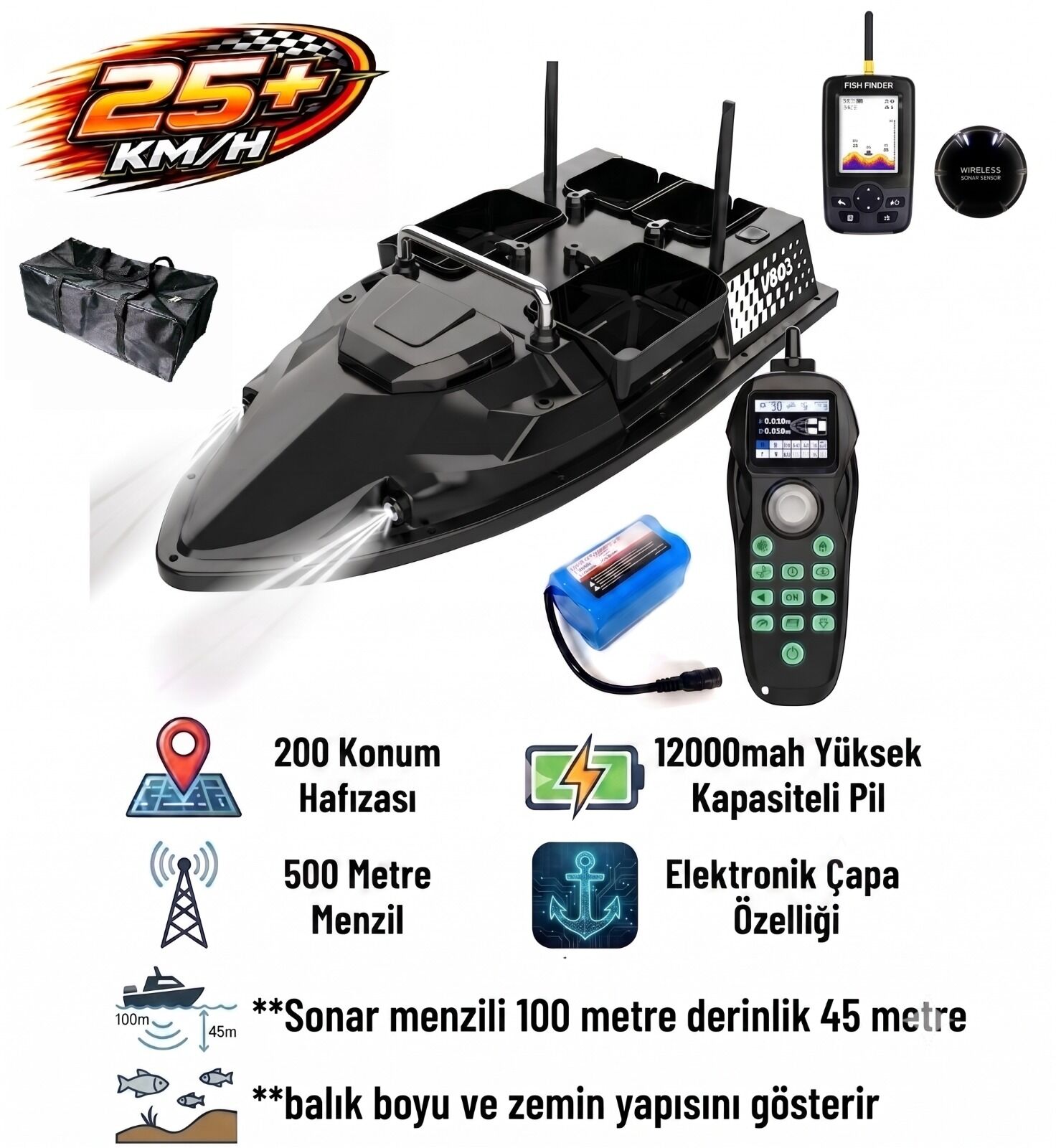 Flytec V803 Pro 500M Menzilli, GPS'li, 200 Konumlu, Oto Eve Dönüş, Yüksek Kapasiteli Batarya, 25Km/S Hızlı Balık, Sazan Yemleme Teknesi ve Botu + Çantalı Sonarlı