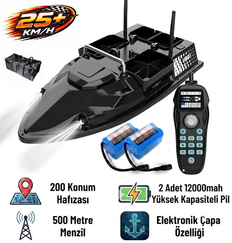 Flytec V803 Pro 500M Menzilli, GPS'li, 200 Konumlu, Oto Eve Dönüş, Yüksek Kapasiteli Batarya, 25Km/S Hızlı Balık, Sazan Yemleme Teknesi ve Botu + Çantalı +Ekstra Bataryalı