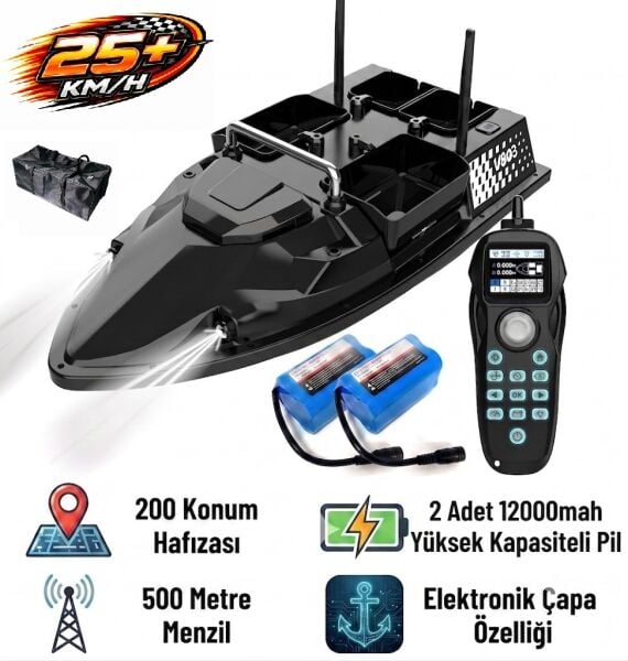 Flytec V803 Pro 500M Menzilli, GPS'li, 200 Konumlu, Oto Eve Dönüş, Yüksek Kapasiteli Batarya, 25Km/S Hızlı Balık, Sazan Yemleme Teknesi ve Botu + Çantalı +Ekstra Bataryalı