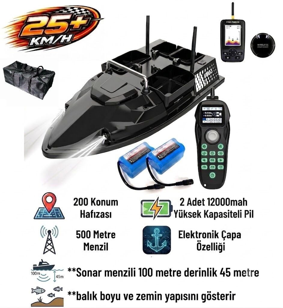 SAZAN YEMLEME BOTU Flytec V803 Pro 500M Menzilli, GPS'li, 200 Konumlu, Oto Eve Dönüş, Yüksek Kapasiteli Batarya, 25Km/S Hızlı Balık, Sazan Yemleme Teknesi ve Botu + Çantalı Sonar + Ekstra Bataryalı
