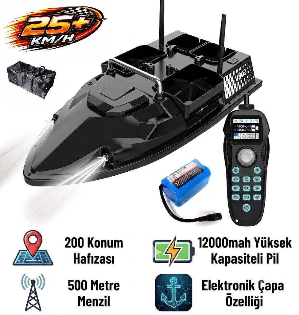 Flytec V803 Pro 500M Menzilli, GPS'li, 200 Konumlu, Oto Eve Dönüş, Yüksek Kapasiteli Batarya, 25Km/S Hızlı Balık, Sazan Yemleme Teknesi ve Botu + Çantalı Normal Paket