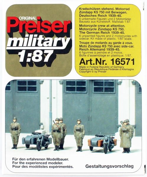 Preiser 16571 1/87 Ölçek, 1939-45 Motorsikletli Askerler, Boyanmış Plastik Figürleri, 6 Adet