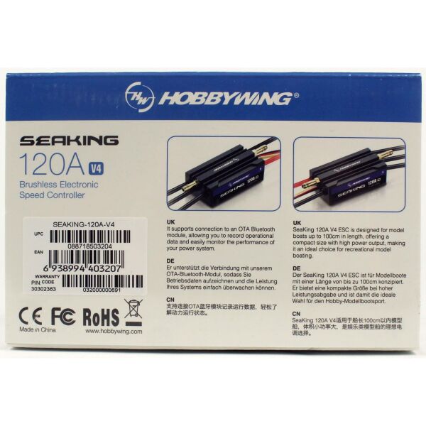 Hobbywing 30302363 Seaking Serisi, 120 Amper, V4, 2-6S Li-Po, Fırçasız Tekne Motoru için Su Soğutmalı Elektronik Hız Kontrolü