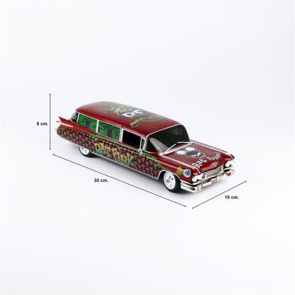 AutoWorld AW303 1/18 Ölçek, 1958 Cadillac Cenaze Arabası (Rat Fink), Sergilemeye Hazır Metal Araba Modeli