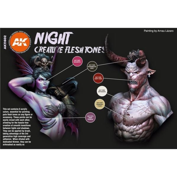 AK Interactive 11602 6x17 ml. Gece Yaratıkları Teni, Figürler için Akrilik Model Boyası Seti