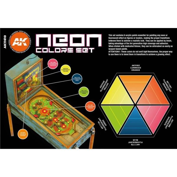 AK Interactive 11610 6x17 ml. Neon Renkleri, Akrilik Model Boyası Seti
