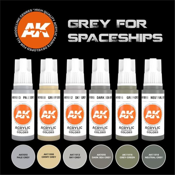 AK Interactive 11614 6x17 ml. Uzay Araçları Gri Tonları, Akrilik Model Boyası Seti
