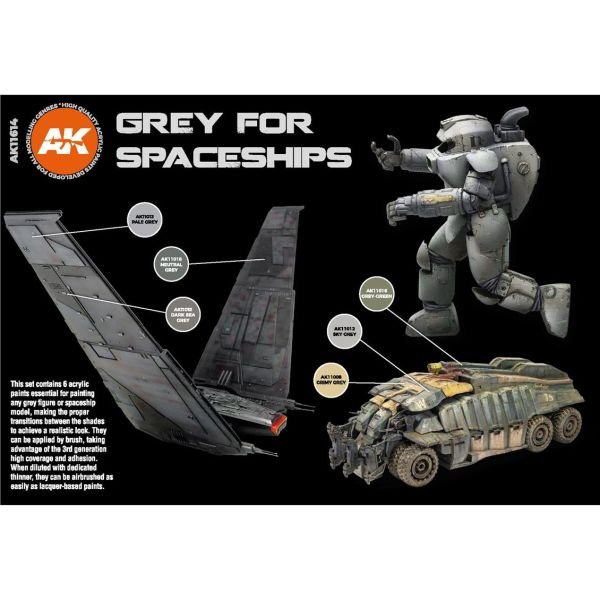 AK Interactive 11614 6x17 ml. Uzay Araçları Gri Tonları, Akrilik Model Boyası Seti