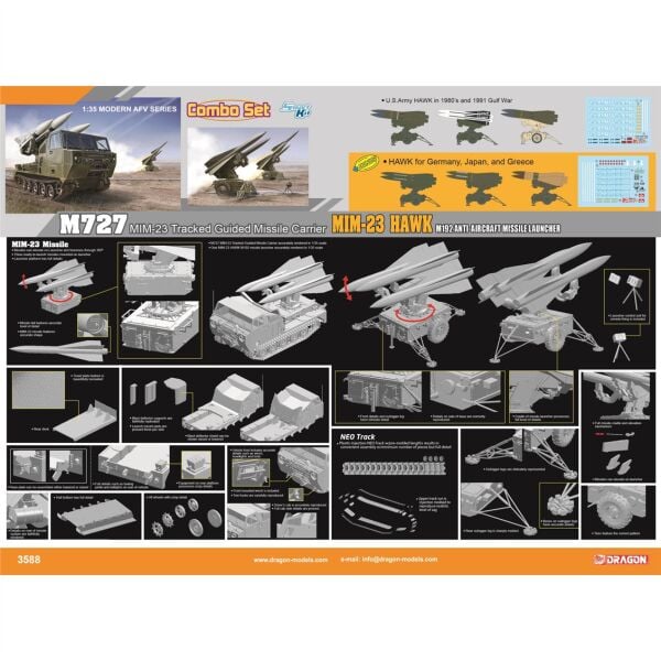 Dragon 3588 1/35 Ölçek, M727 Paletli Güdümlü Füze Taşıyıcı ve MIM-23 HAWK M192 Uçaksavar Füze Fırlatıcı Kombine Seti, Plastik M