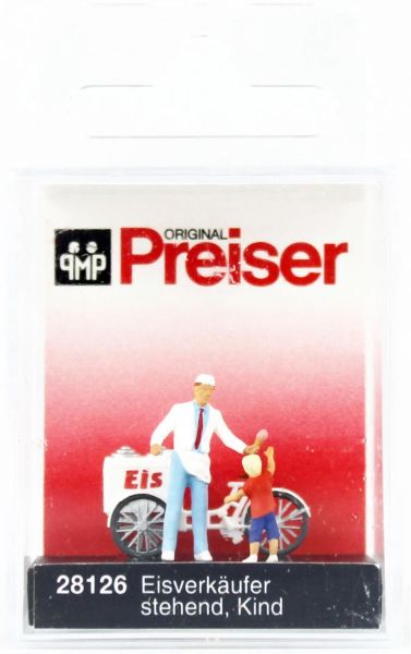 Preiser 28126 1/87 Ölçek, Arabalı Dondurmacı ve Çocuk, Boyanmış Plastik Figürleri