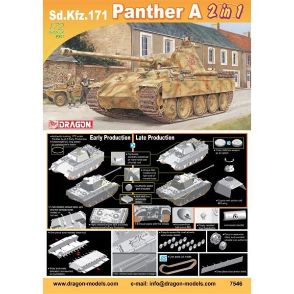 Dragon 7546 1/72 Ölçek, Panther Alman Ausf.A (2 in1) Tankı, Plastik Model Kiti