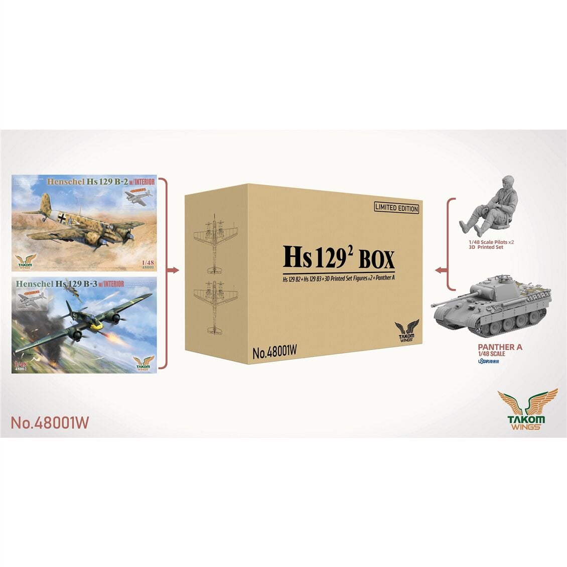 Takom 48001W 1/48 Ölçek, Hs 129 B2+Hs 129 B3+3D Reçine Figür 2 Adet+Panther A Tankı Plastik Model Kit Seti