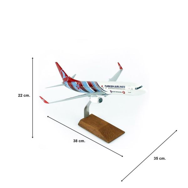 THY003 1/100 Ölçek, THY Trabzon Spor Logolu B737-800 Yolcu Uçağı, Sergilemeye Hazır Ahşap Standlı Model