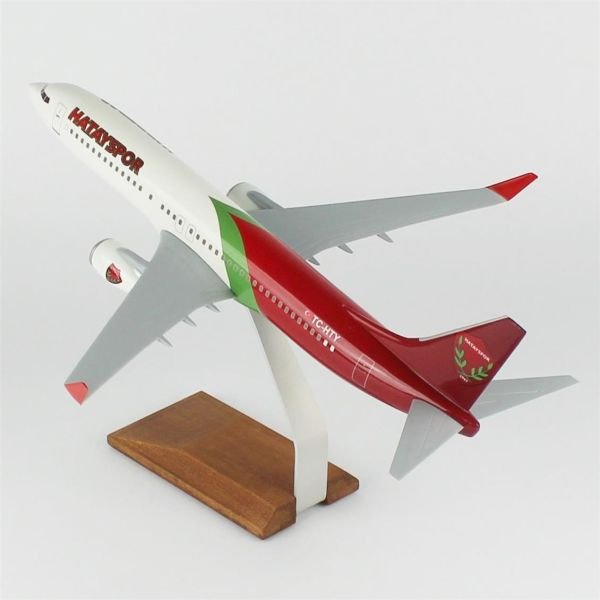 THY036 1/100 Ölçek, THY Hatay Spor Logolu B737-800 Yolcu Uçağı, Sergilemeye Hazır Ahşap Standlı Model