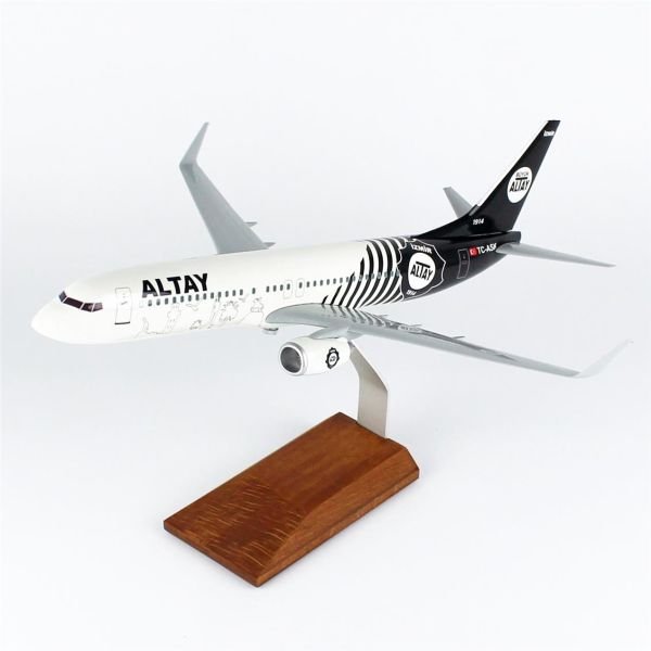 THY037 1/100 Ölçek, THY Altay Spor Logolu B737-800 Yolcu Uçağı, Sergilemeye Hazır Ahşap Standlı Model