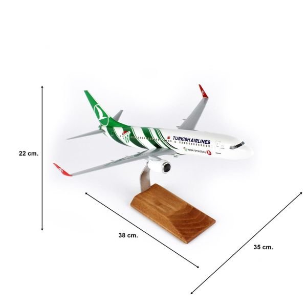 THY039 1/100 Ölçek, THY Bursa Spor Logolu B737-800 Yolcu Uçağı, Sergilemeye Hazır Ahşap Standlı Model