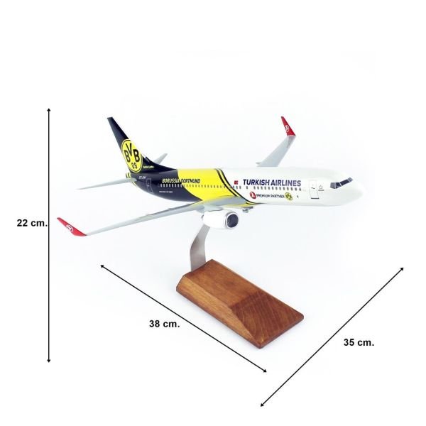 THY051 1/100 Ölçek, THY Borissia Dortmund Logolu B737-800 Yolcu Uçağı, Sergilemeye Hazır Ahşap Standlı Model