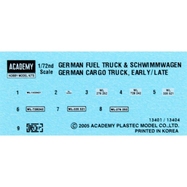 Academy 13404 1/72 Ölçek, Alman WWII Kargo Kamyonları (Erken ve Geç Dönem) , Plastik Maket Seti