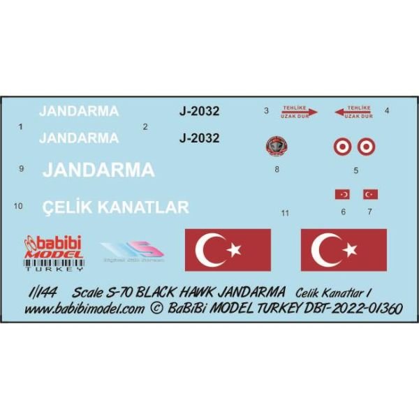 Babibi DBT-01360 1/144 Ölçek, Sikorsky S-70 Black Hawk Türk Askeri Polisi Çelik Kanatlar, Dekal Çıkartma