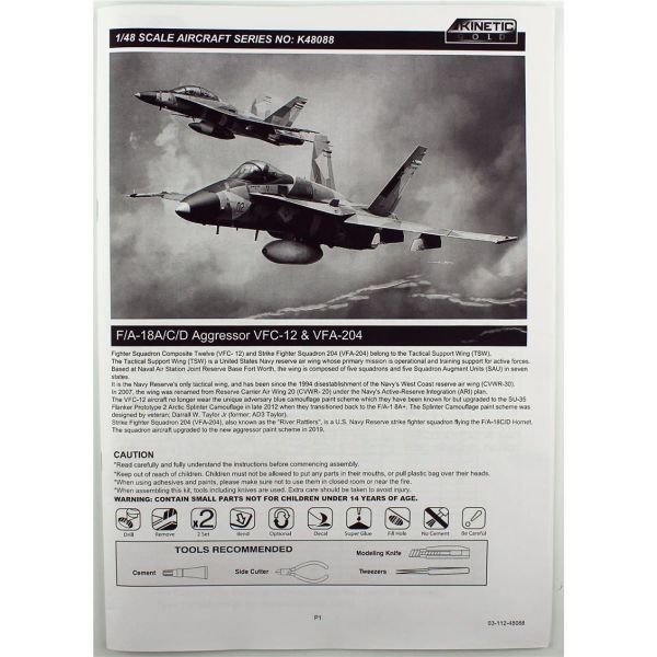 Kinetic K48088 1/48 Ölçek, F/A-18A/C/D (Aggressor VFC-12 & VFA-204) Savaş Uçağı, Plastik Model kiti