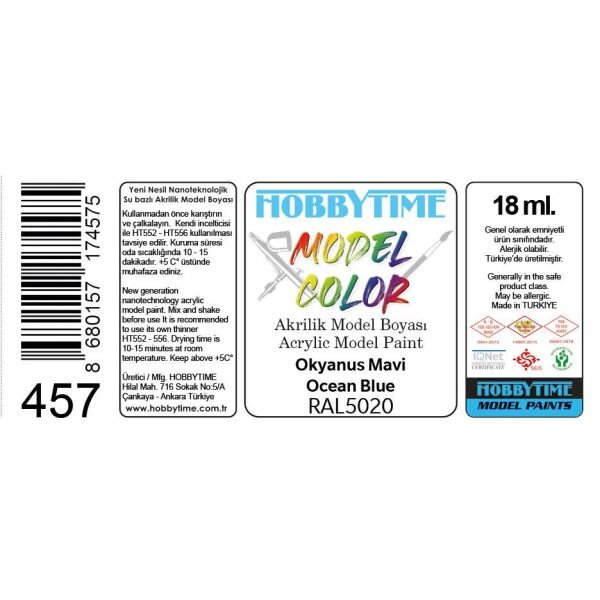 Hobbytime 457 18 ml. RAL5020 Okyanus Mavi (Ocean Blue) Akrilik Model Boyası