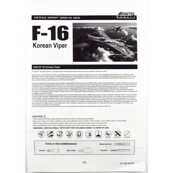 Kinetic K48153 1/48 Ölçek, KF-16U (ROKAF Viper) Savaş Uçağı, Plastik Model kiti