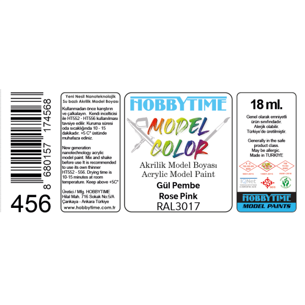 Hobbytime 456 18 ml. RAL3017 Gül Pembe (Rose Pink) Akrilik Model Boyası