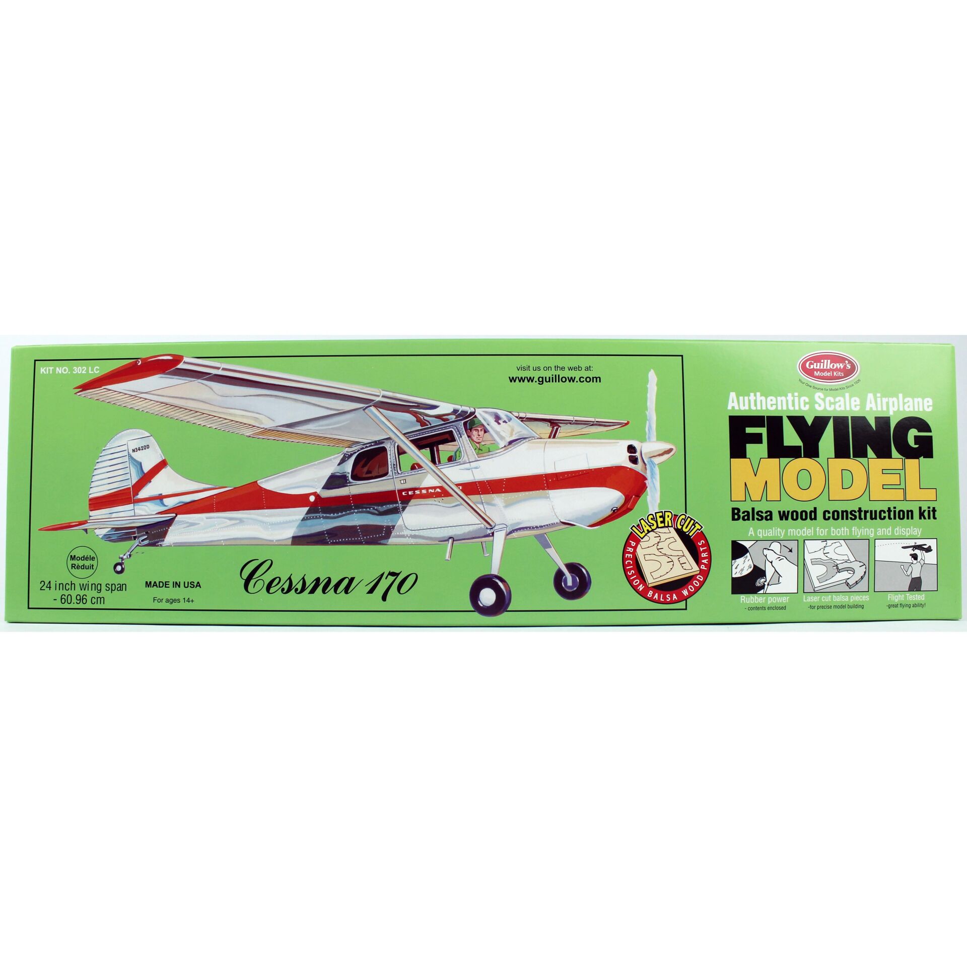 Guillow's 302 1/18 Ölçek, Cessna 170, 60cm, Laser Kesim, Balsa, Serbest Uçuş Model Kiti