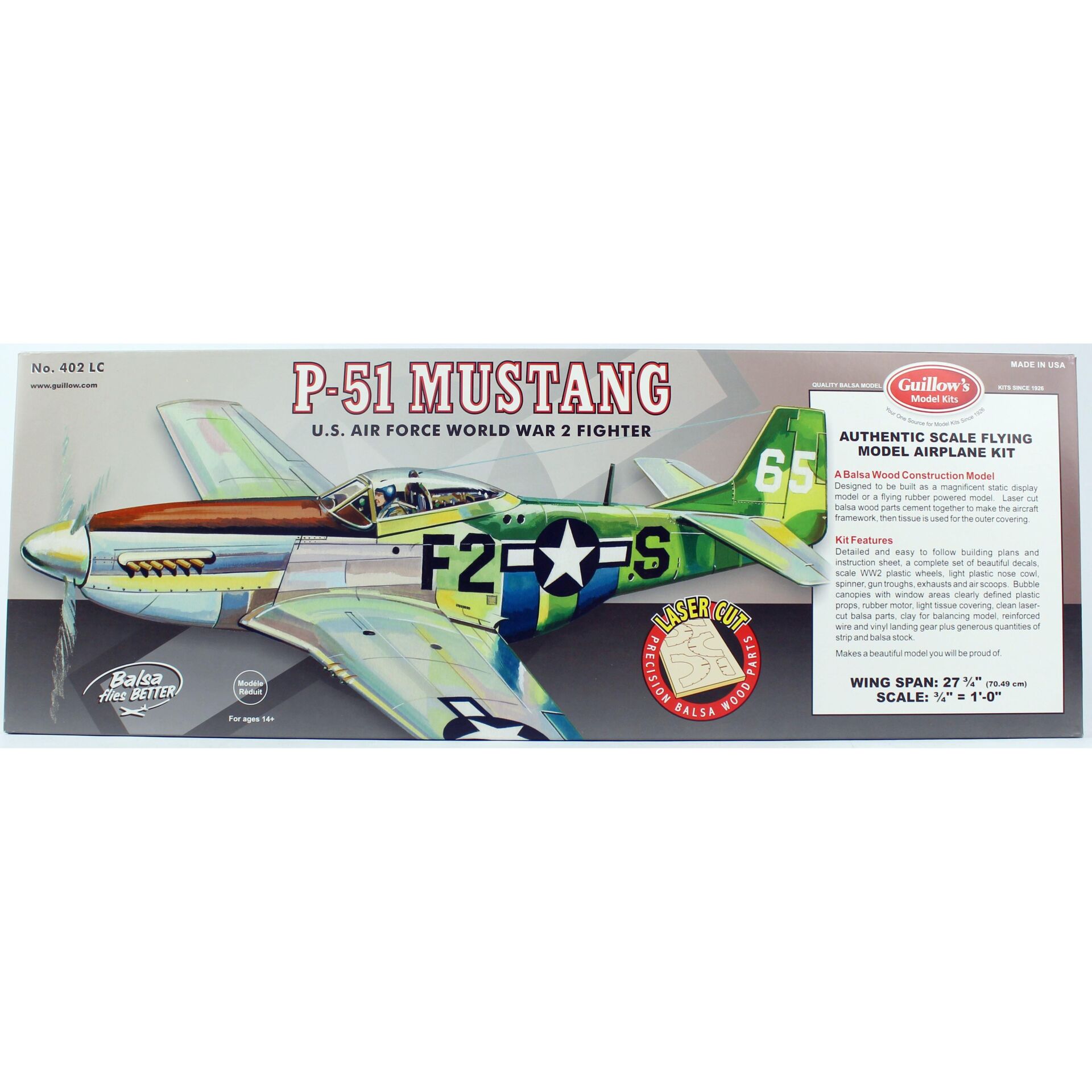 Guillow's 402 1/16 Ölçek, Mustang, 70cm, Laser Kesim, Balsa, Serbest Uçuş Model Kiti