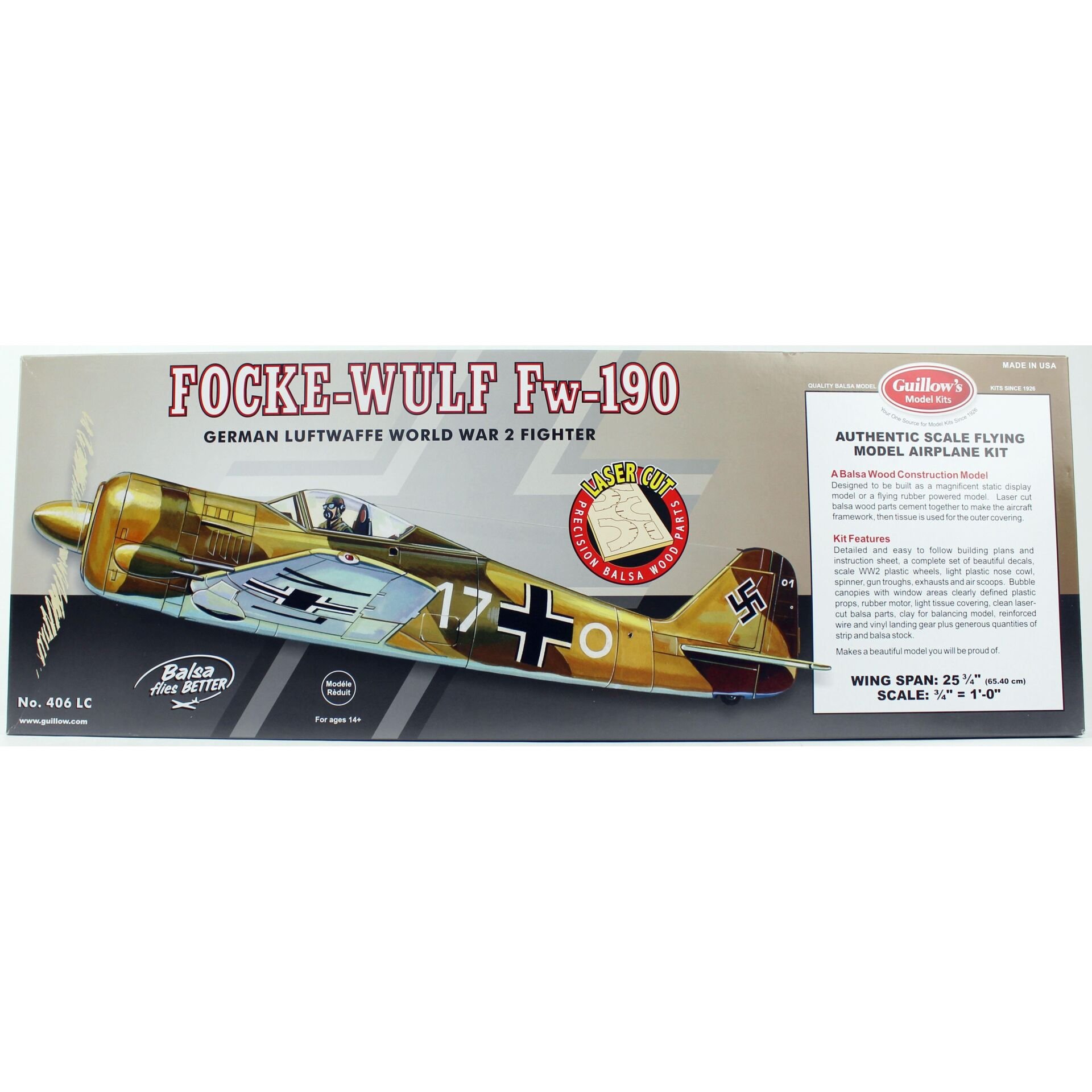 Guillow's 406 1/16 Ölçek, Focke-Wulf, 65cm, Laser Kesim, Balsa, Serbest Uçuş Model Kiti