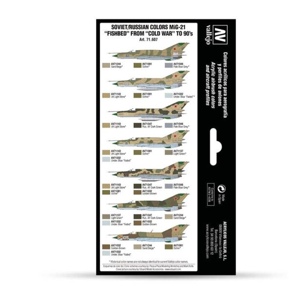 Vallejo 71607 8x18 ml. Soviet/Russian Colors MiG21 Fishbed from 50's to 90's, Model Air Serisi Model Boyası Seti
