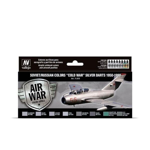 Vallejo 71610 8x18 ml. Soviet/Russian Colors (Cold War) Silver Darts 1950-1980, Model Air Serisi Model Boyası Seti