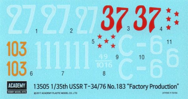 Academy 13505 1/35 Ölçek, Sovyet T-34/76 NO.183 Factory Product Tankı, Plastik Model kiti