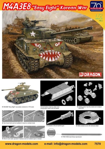 Dragon 7570 1/72 Ölçek, M4A3E8 (Easy Eigh) Kore Savaşı Tankı Plastik Model Kiti