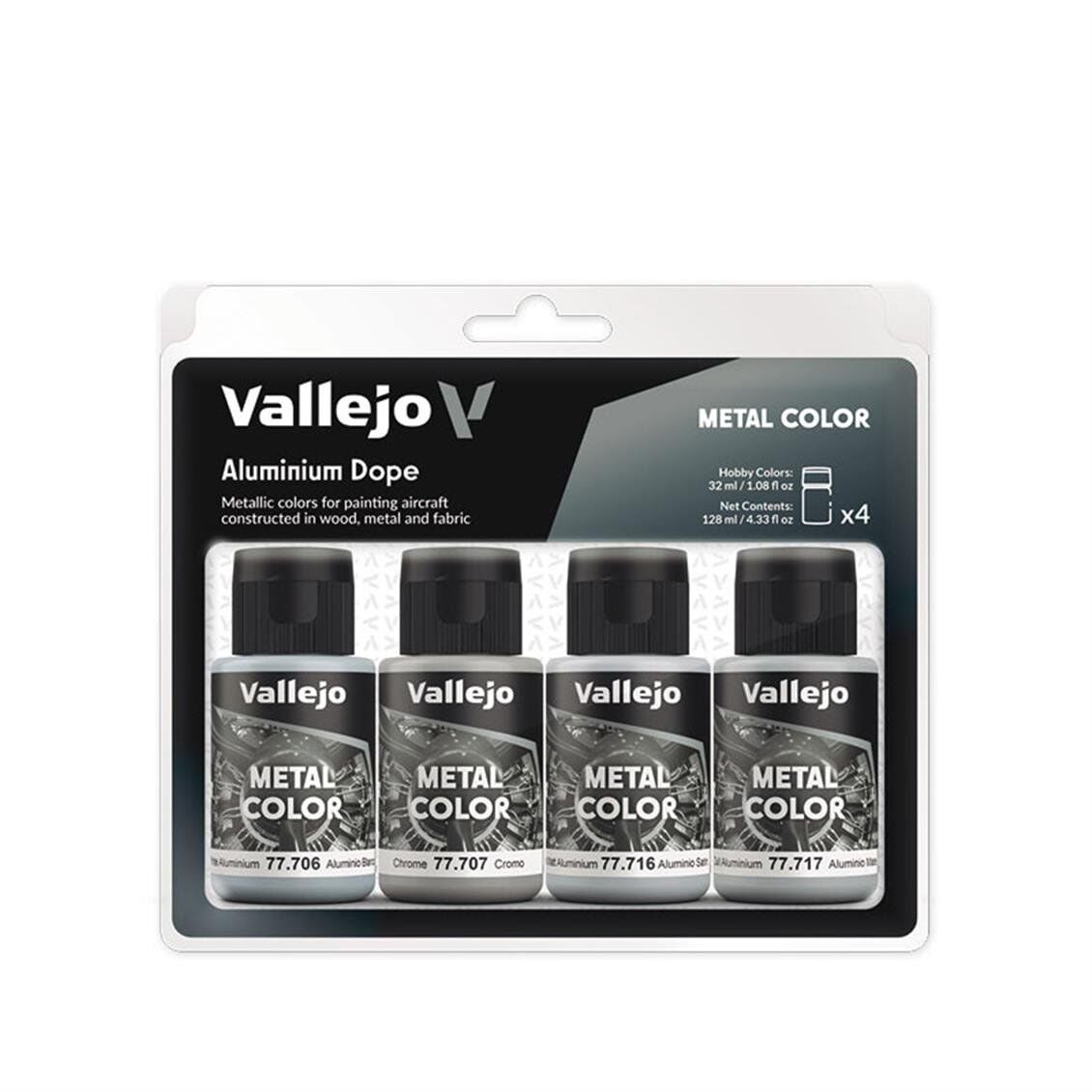 Vallejo 77603 4x32 ml. Aluminium Dope WWI & Early WWII, Metal Color Serisi Boya Seti